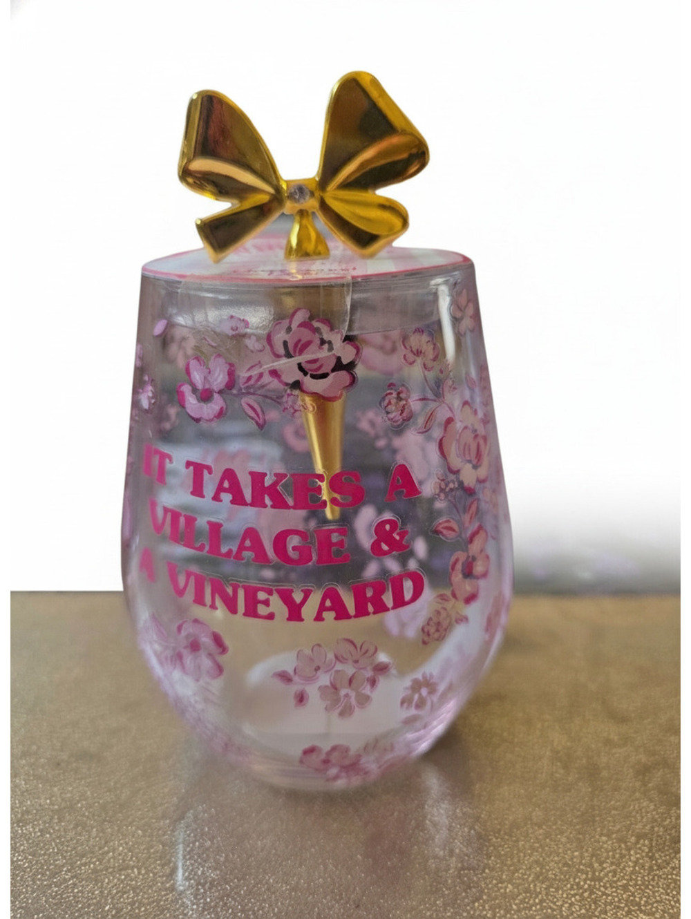 Totalee Decorative Stemless Wine Glass with Gold Bow Lid and Pink Floral Design